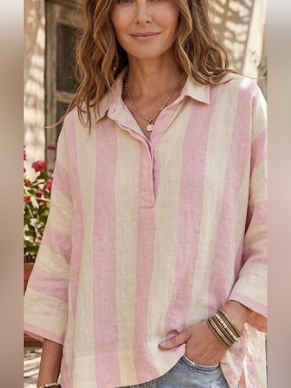 Pine Cone Hill Linen Pink Striped Boxy Top Size S/M